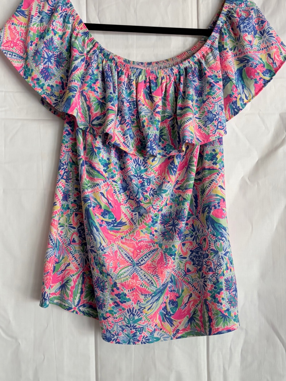 Lilly Pulitzer Pink Blue Green Floral Off-Shoulder Ruffle Top